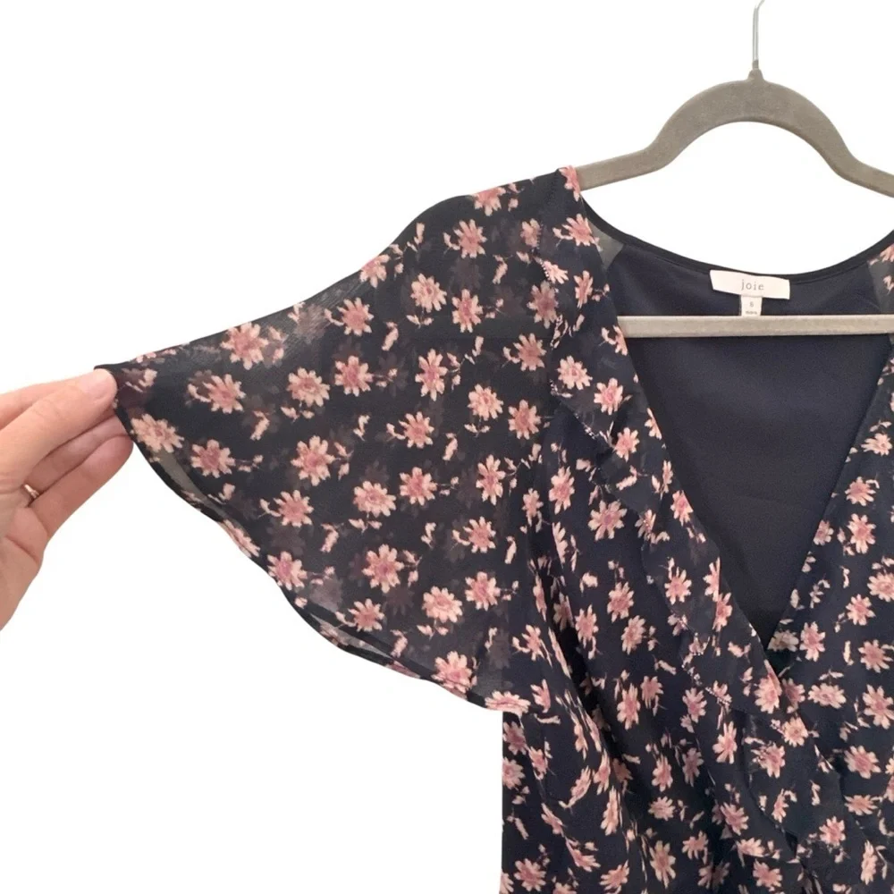 Joie 100% Silk Orita B Dress in "Midnight" Floral Black Pink Size 6 - Picture 8 of 15